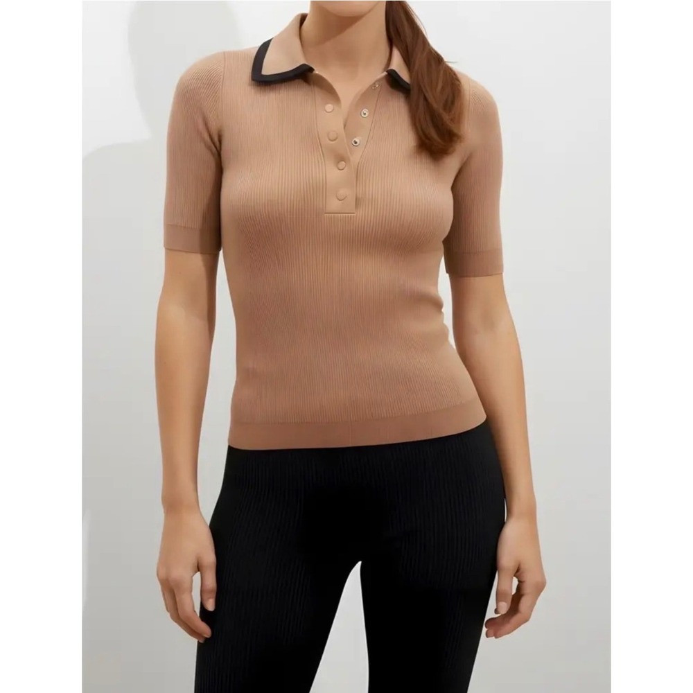 Naked Cashmere Women Ribbed‎ Knit Polo Shirt Tan Camel Black Trim Short Sleeve M